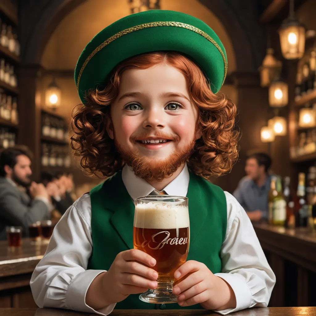 a little boy in a green hat holding a beer glass in a pub or bar with people in the background, dada, a digital rendering, Charles Roka, ultra realistic faces