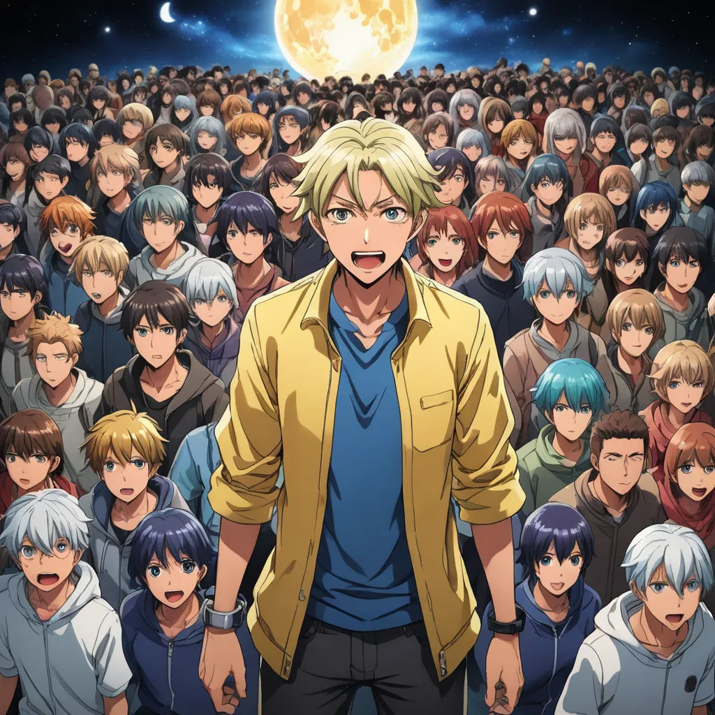 a man standing in front of a crowd of people with a full moon in the background of the picture, rayonism, poster art, Baiōken Eishun, anime key visual