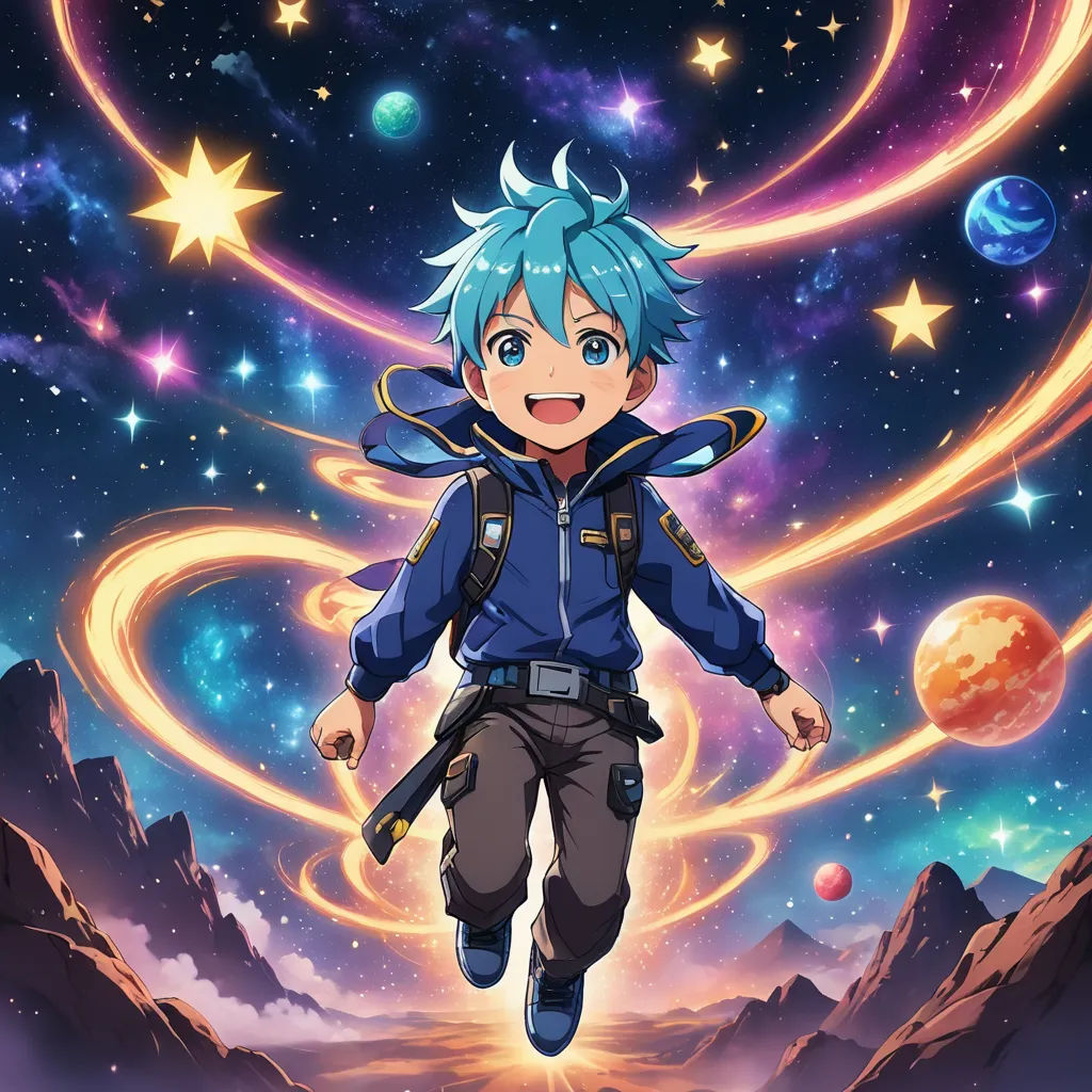 a young man with blue hair and a backpack is walking through the space with stars and planets in the background, space art, poster art, Adam Manyoki, anime key visual