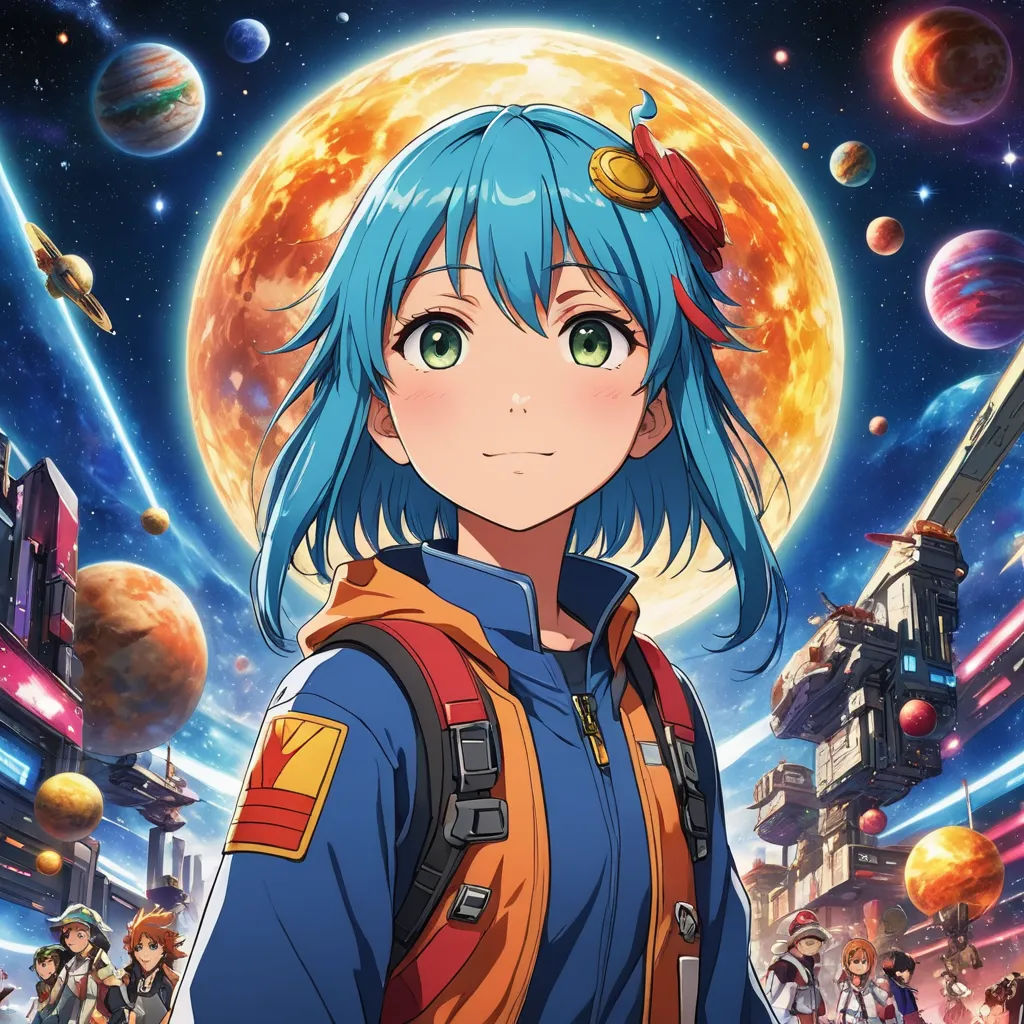 a girl with blue hair and a backpack in front of a space background with planets and stars, and a full moon, space art, poster art, Aya Goda, anime key visual