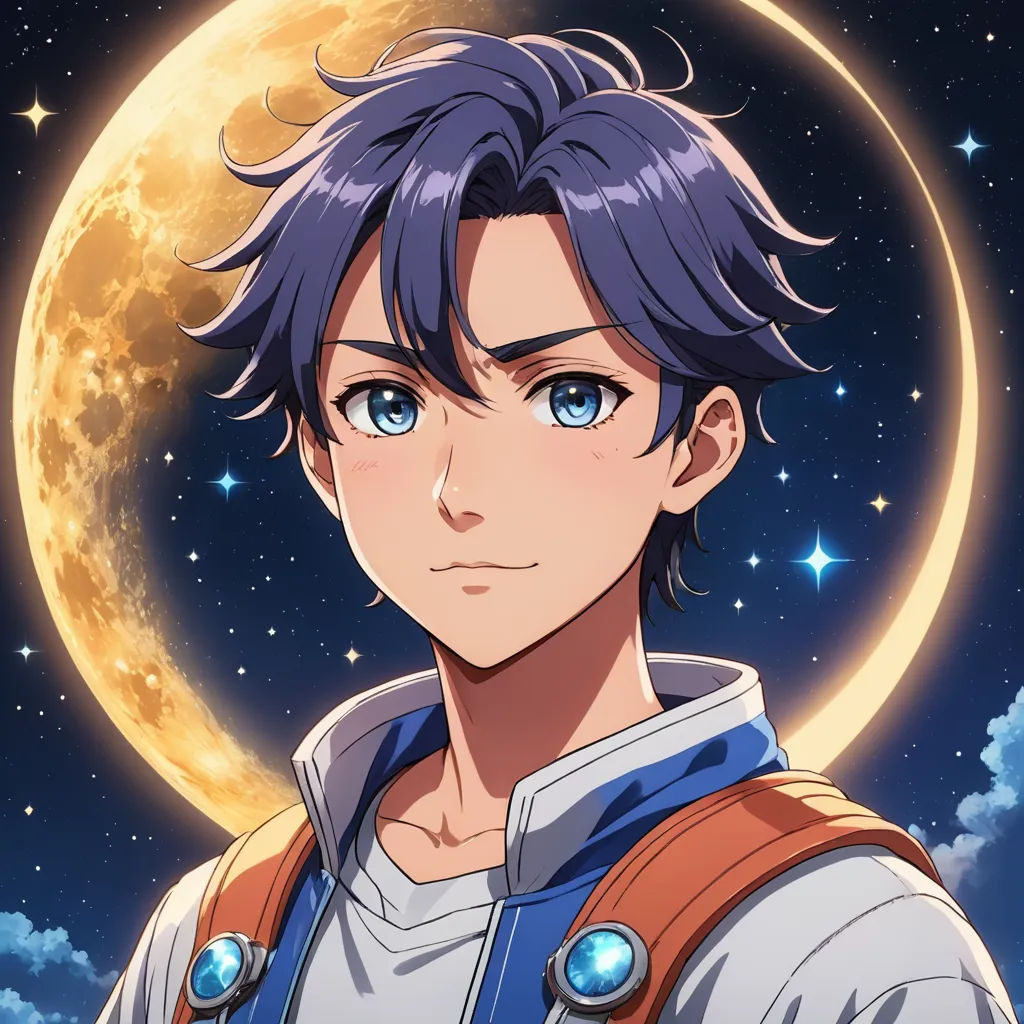 a man with blue hair and a blue eyes standing in front of a moon and stars background with the moon in the sky, space art, a character portrait, Anne Said, official art
