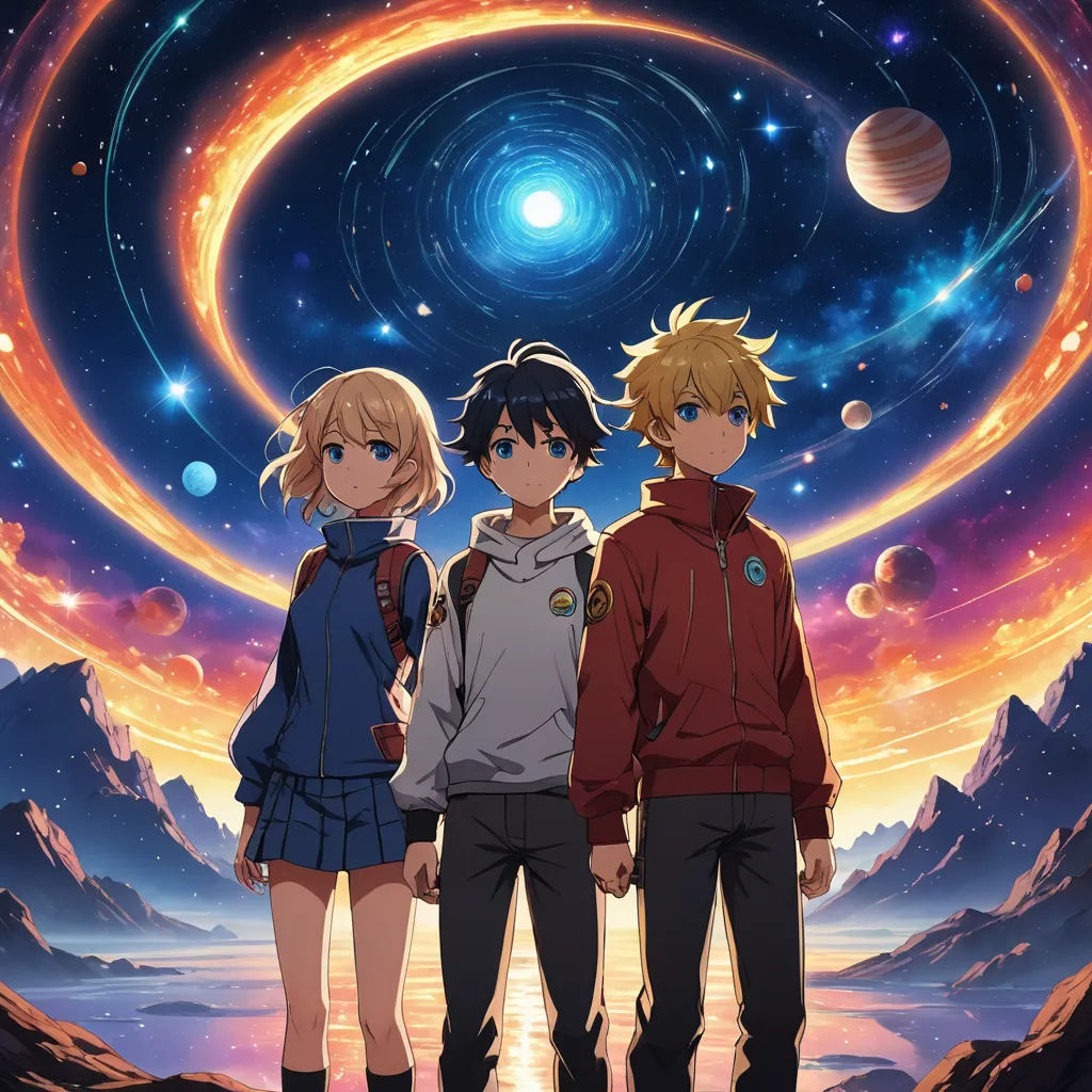 three anime characters standing in front of a space scene with planets and stars in the background, with a bright blue ring in the middle, rayonism, poster art, Ai-Mitsu, anime key visual