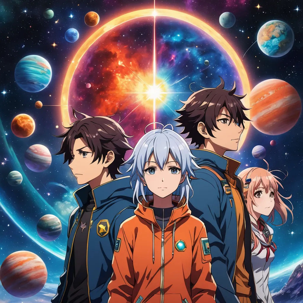 a group of people standing in front of a space filled with planets and stars, with the sun in the background, space art, poster art, Ai-Mitsu, anime key visual