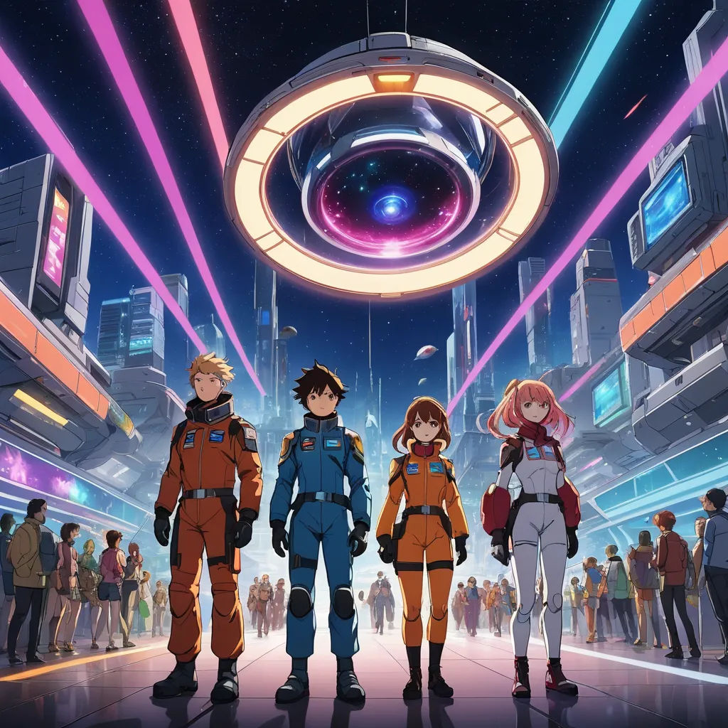 a group of people standing in a room with a neon light above them and a space station in the background, space art, poster art, Ai-Mitsu, anime key visual