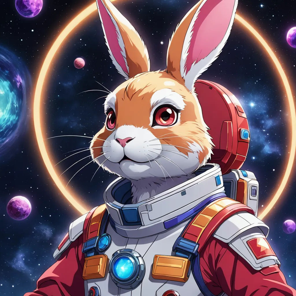 a rabbit in a space suit with planets in the background and a ring around it's neck, with a space background, space art, poster art, Chris LaBrooy, rossdraws global illumination