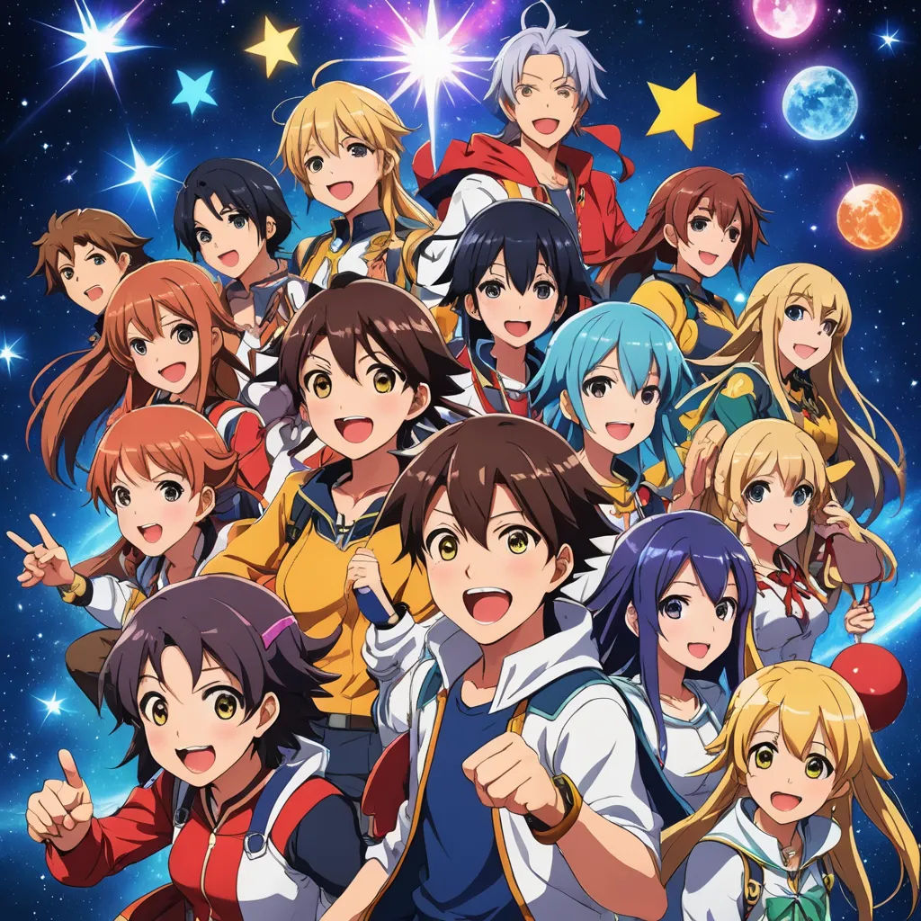 a group of anime girls standing in front of a galaxy background with stars and planets in the background, and a star - filled sky with stars, space art, poster art, Ai-Mitsu, official art