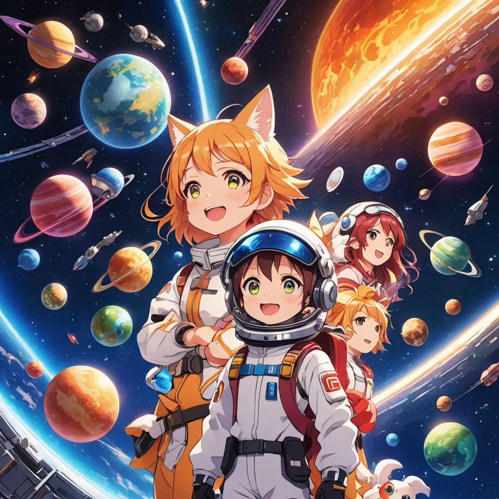 a group of people standing in front of a space filled with planets and stars, with a cat on top of the man, space art, poster art, Aya Goda, official art