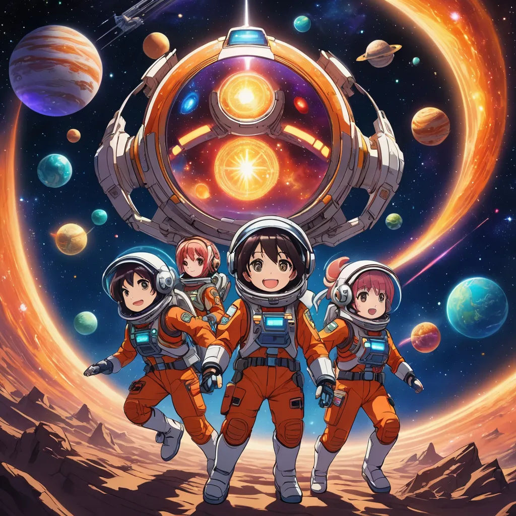 a group of people in space suits standing in front of a planet with planets and stars in the background, space art, poster art, Aya Goda, official art