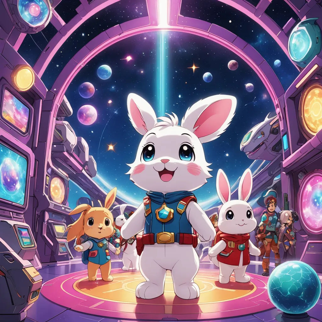 a cartoon rabbit standing in front of a space station with other characters in the background and a space station with a bunch of lights, space art, poster art, Chris LaBrooy, key art