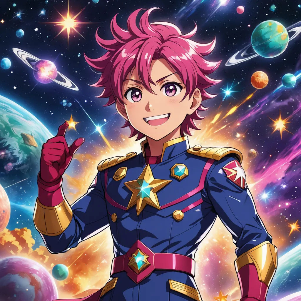 a man in uniform standing in front of a space filled with planets and stars, pointing to the side, space art, an album cover, Adam Manyoki, official art