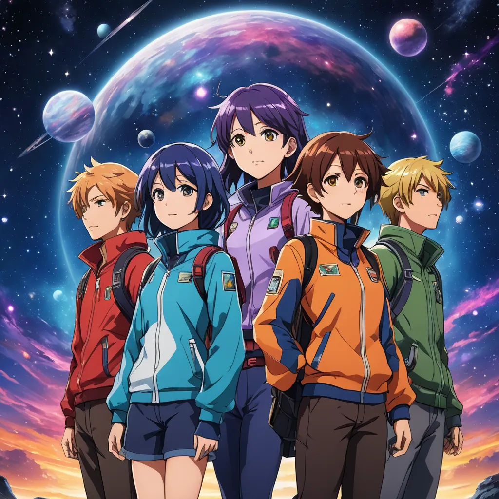 a group of people standing in front of a planet with planets in the background and a sky full of stars, space art, poster art, Ai-Mitsu, anime key visual