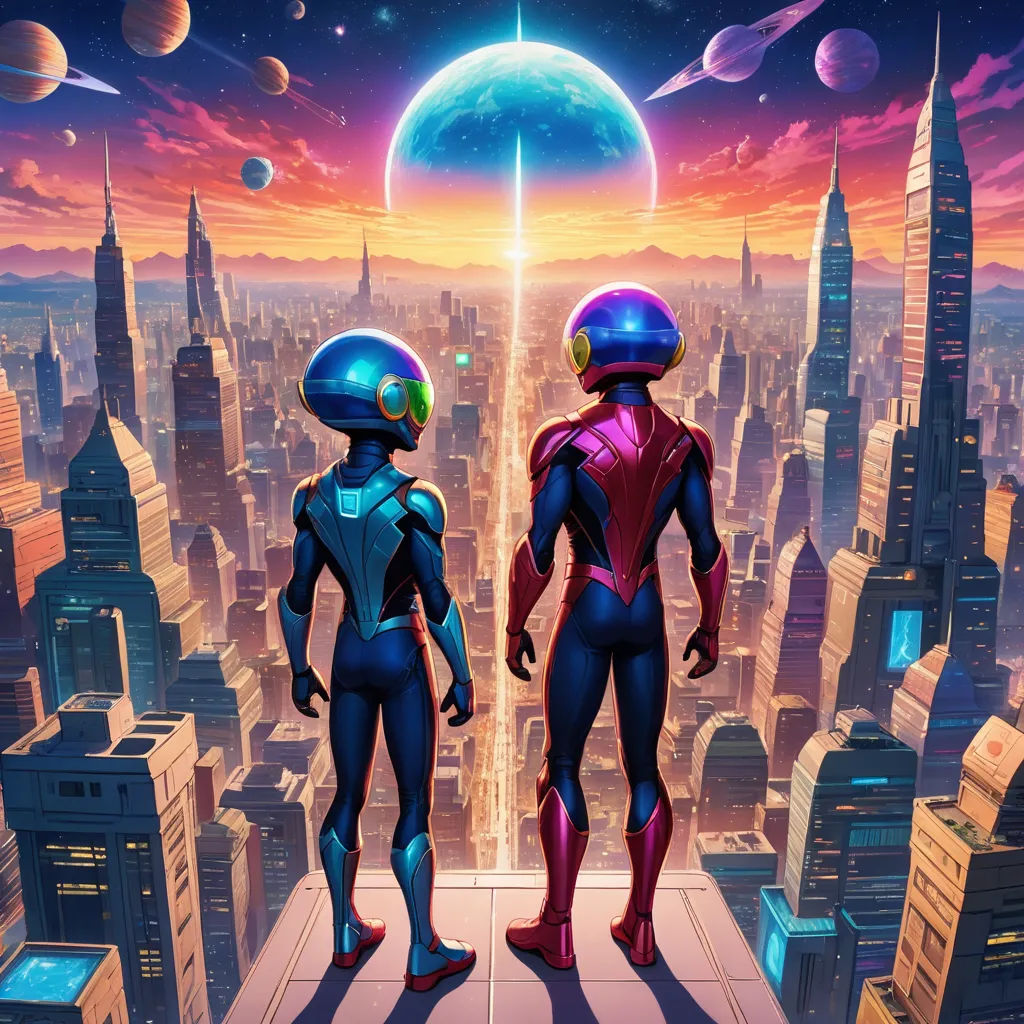 two people in futuristic suits standing on a platform in front of a cityscape with a distant planet in the background, retrofuturism, concept art, Chris LaBrooy, josan gonzales and dan mumford