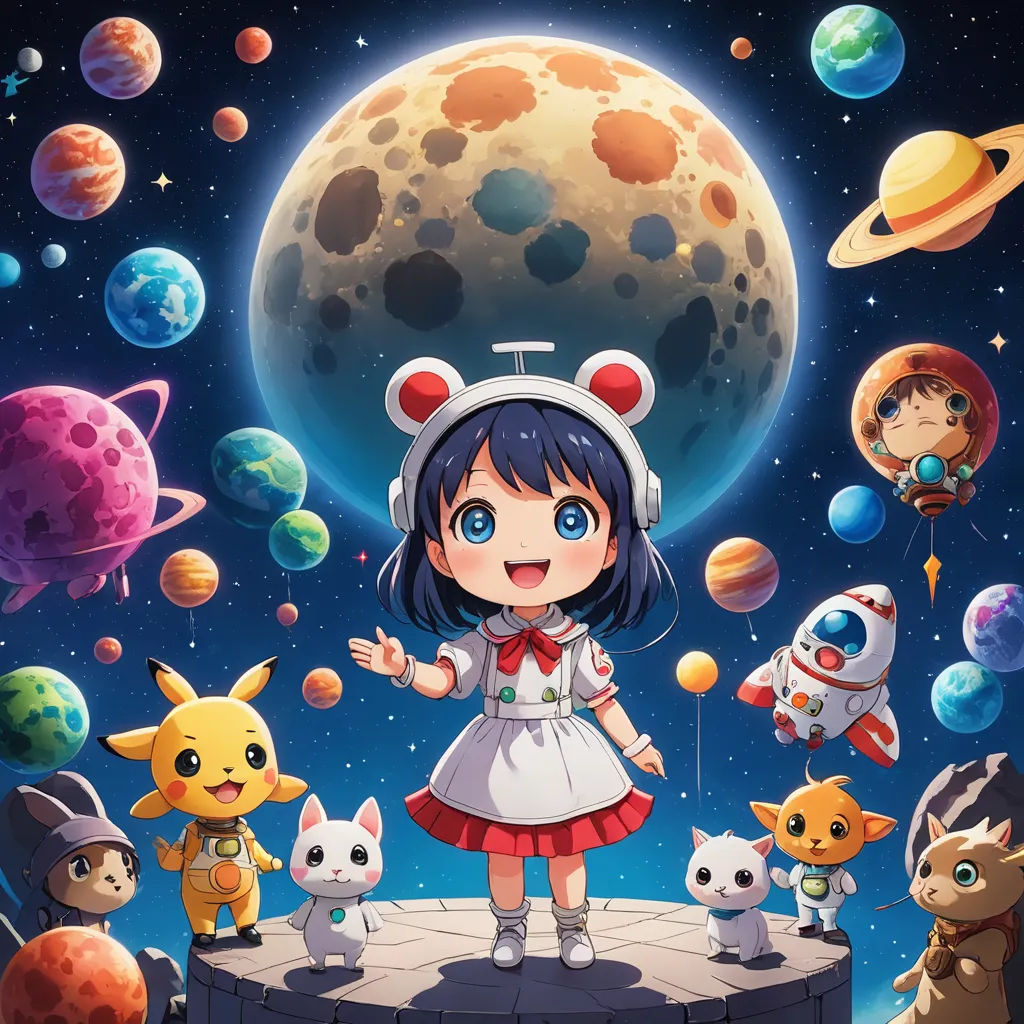 a girl standing on a platform surrounded by cats and other animals in front of a full moon and planets, space art, a detailed drawing, Alice Prin, anime key visual