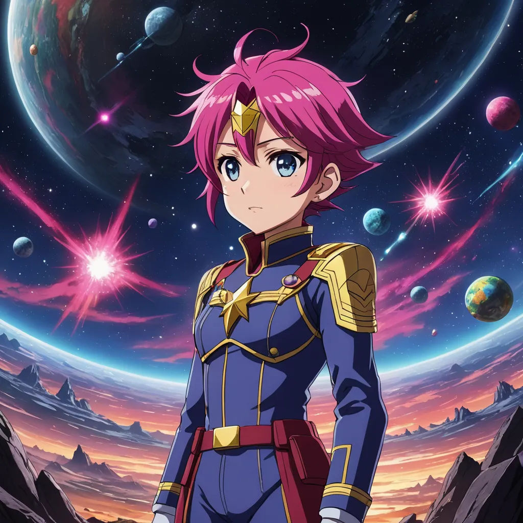 a girl in a space suit standing in front of a planet with stars and planets in the background,, space art, a character portrait, Eizan Kikukawa, official art