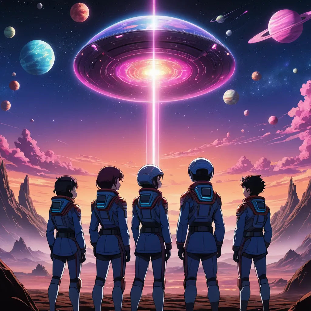 a group of people standing in front of a space scene with planets and a star in the sky above them, space art, poster art, Beeple, anime key visual