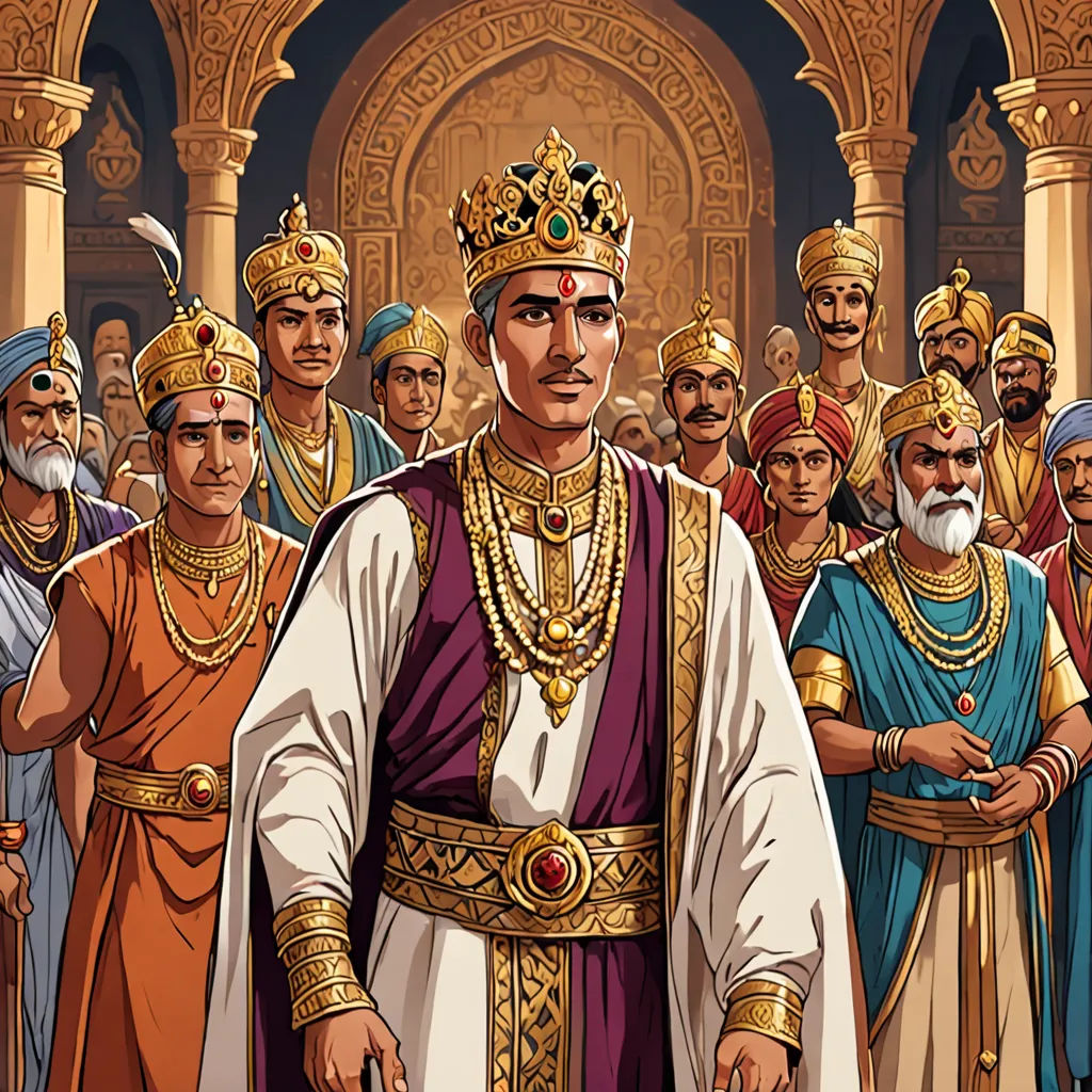 a man in a crown surrounded by other men in ancient clothing and gold jewelry, standing in front of a crowd of men in gold and orange robes, samikshavad, a detailed drawing, Altoon Sultan, detailed illustration