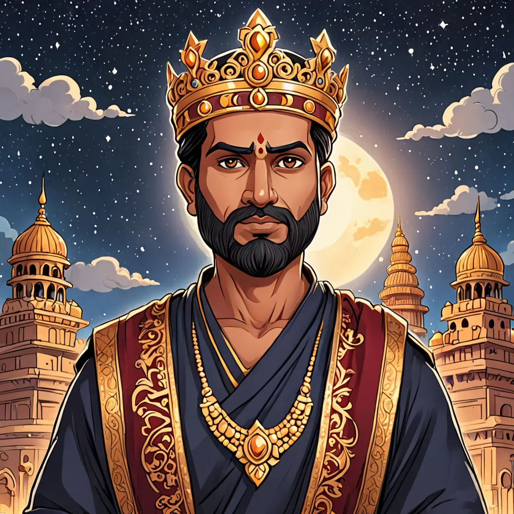 a man in a crown and a blue robe with a gold crown on his head standing in front of a castle, samikshavad, a character portrait, Bholekar Srihari, jayison devadas