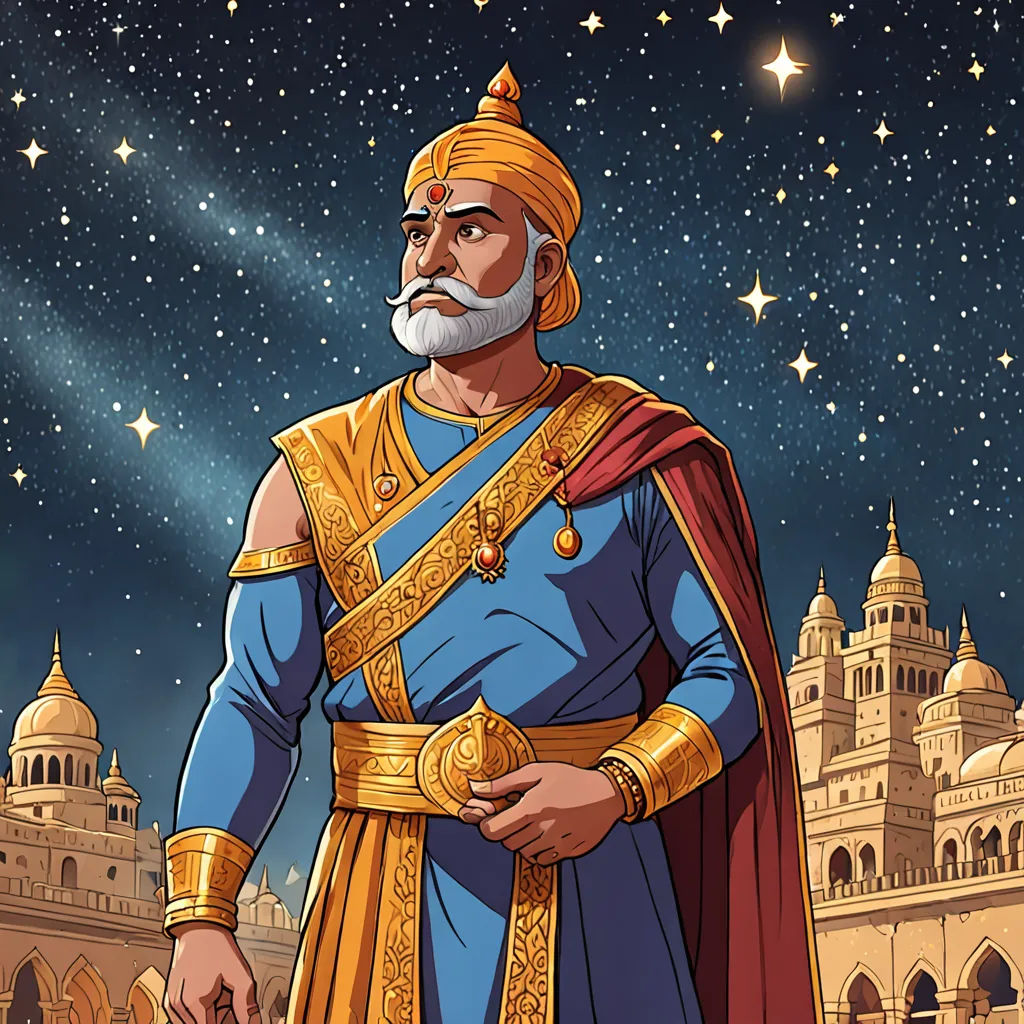 a man in a blue and gold outfit standing in front of a castle with stars in the sky above, samikshavad, an illustration of, Bholekar Srihari, high detail illustration