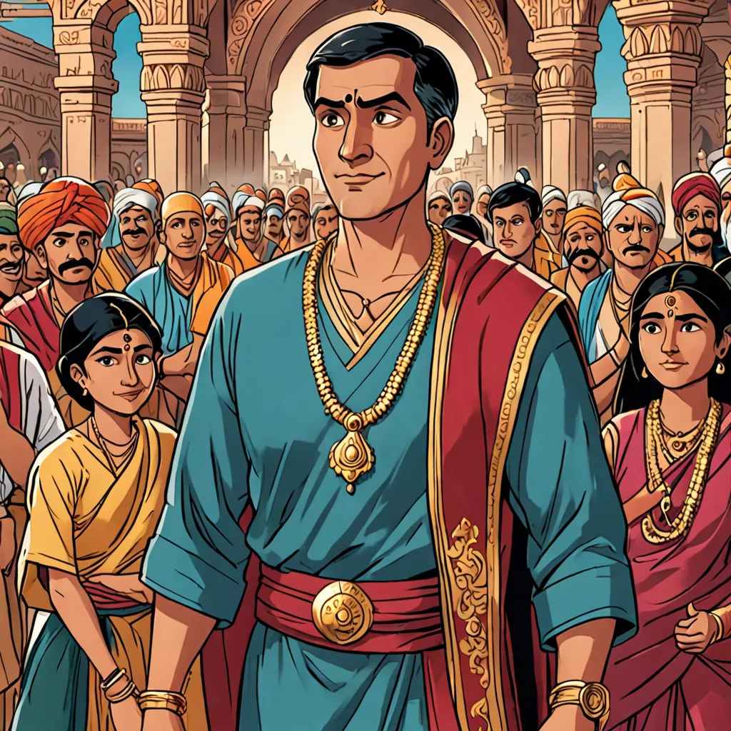 a man in a blue and red outfit standing in front of a crowd of people with a gold necklace, samikshavad, a comic book panel, Bholekar Srihari, graphic novel
