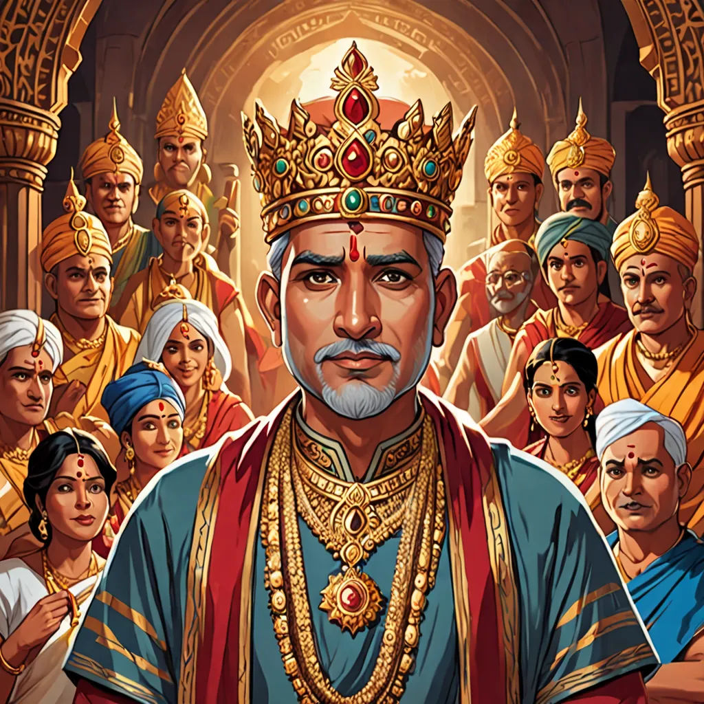 a man in a crown surrounded by other people in a temple, with a crowd of them looking on, samikshavad, a detailed painting, Bholekar Srihari, comic cover art