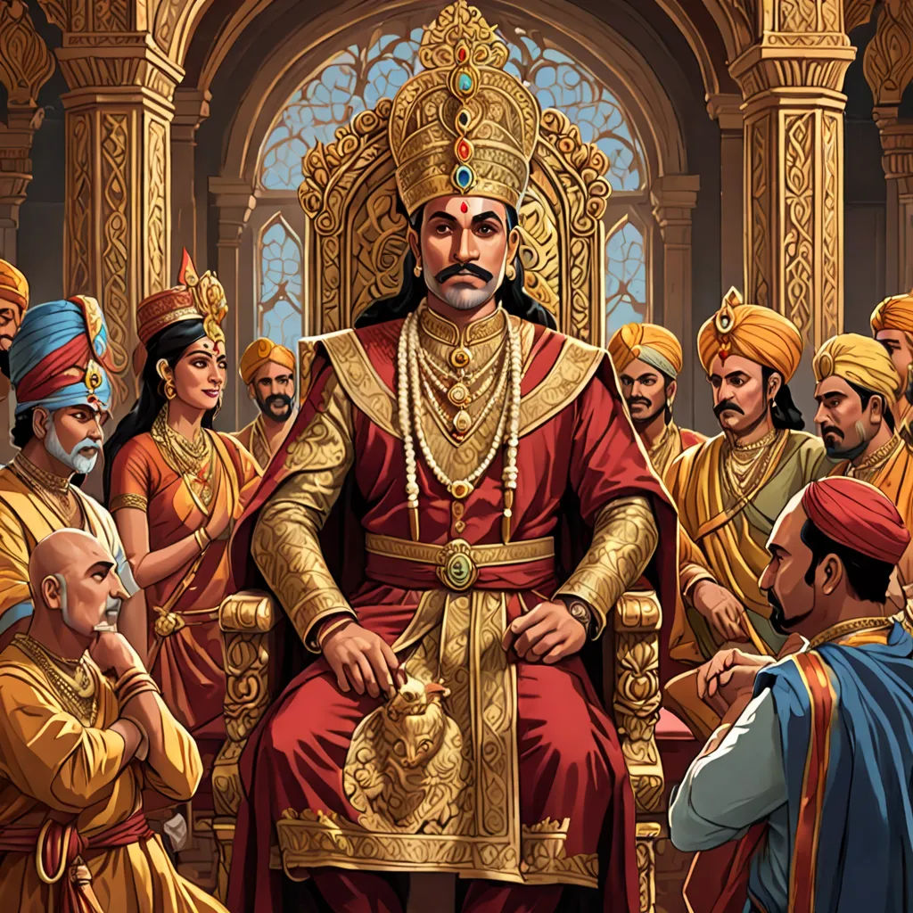 a painting of a man sitting on a throne surrounded by other men in indian garb and turbans, samikshavad, a detailed painting, Bholekar Srihari, highly detailed digital painting