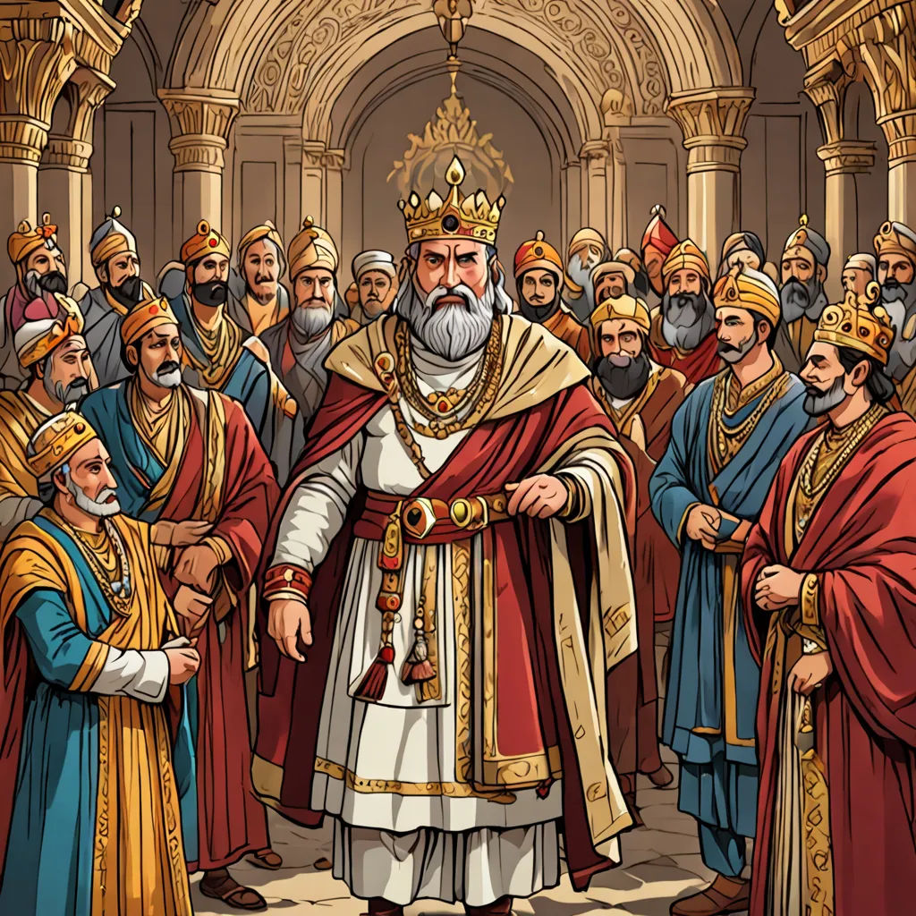 a cartoon of a man in a crown surrounded by other men in robes and robes, all dressed in gold and red, incoherents, a detailed drawing, Altoon Sultan, detailed illustration