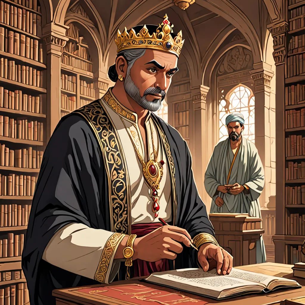 a man in a library with a book and a pen in his hand and a man in a robe and crown behind him, academic art, a character portrait, Altoon Sultan, game art