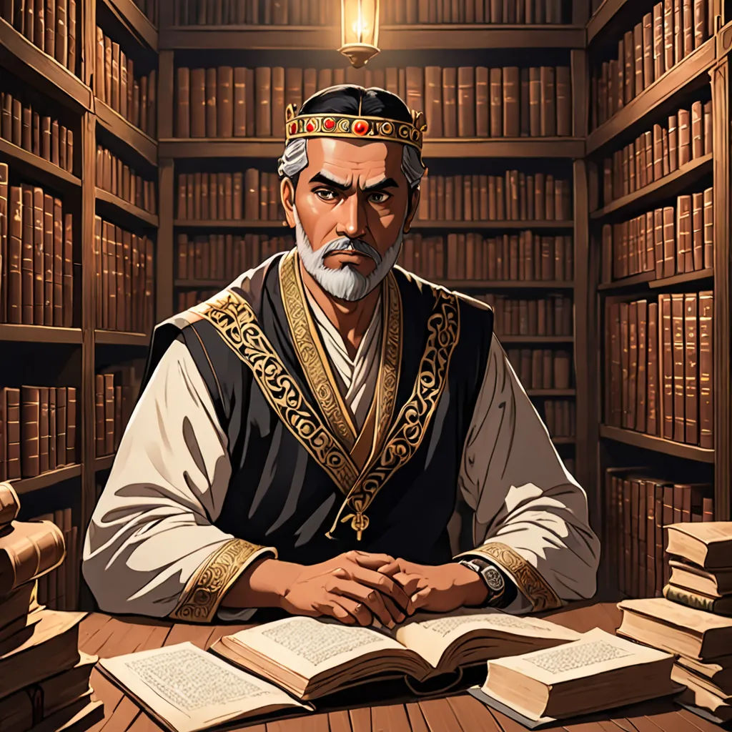 a man sitting at a table in a library with a book in his hand and a book in his other hand, sots art, a character portrait, Altoon Sultan, official art