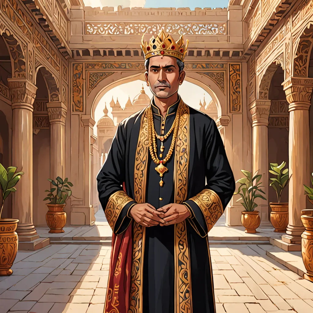 a man in a black and gold outfit standing in a courtyard with a potted plant in the background, samikshavad, a character portrait, Bholekar Srihari, official art