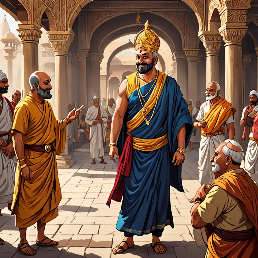 a painting of a man in a temple surrounded by other men and women, all dressed in yellow and blue, samikshavad, a detailed painting, Bholekar Srihari, detailed illustration