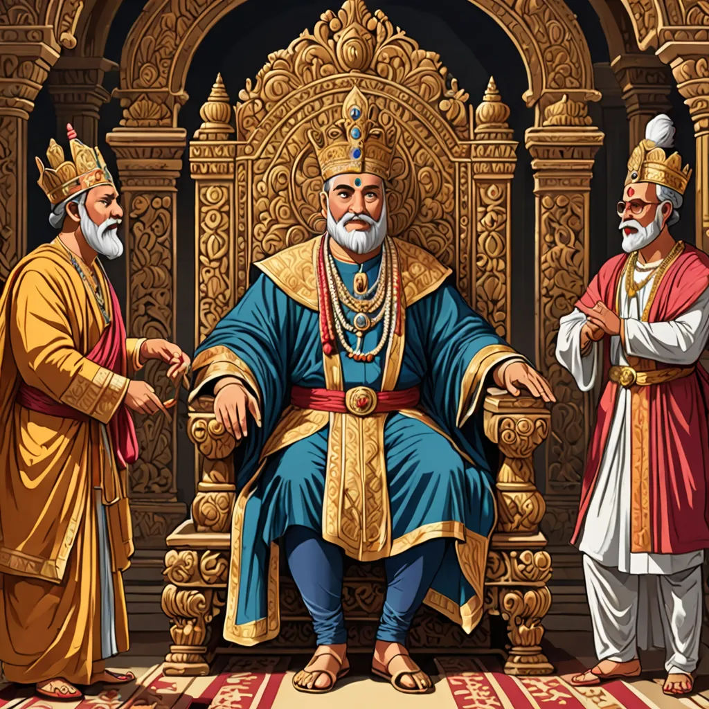 a group of men standing next to each other on a throne in a room with a gold and red wall, samikshavad, a detailed drawing, Bholekar Srihari, highly detailed digital painting