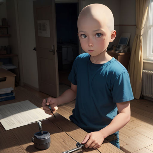 a young boy sitting at a table with a bald head and a pair of scissors in his hand and a piece of paper in front of paper