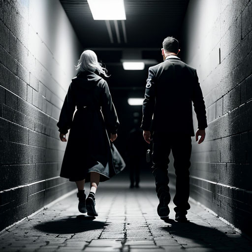 a man and a woman walking down a hallway together holding hands and looking at each other with a light shining on them