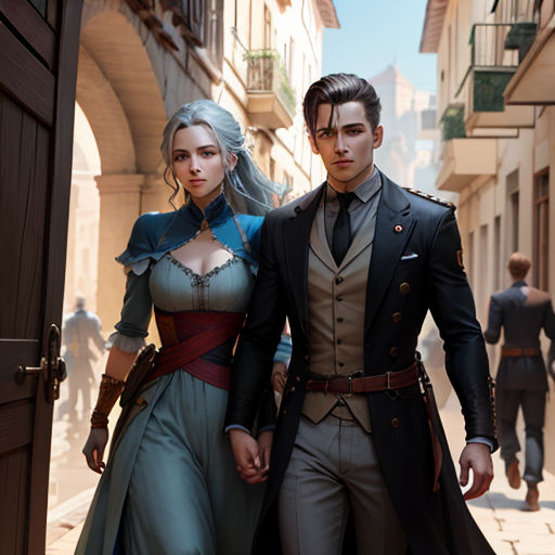 a man and a woman dressed in renaissance clothing walking down a street together, holding hands and looking at the camera