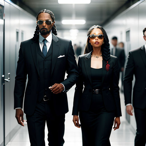 a man and a woman walking down a hallway together in suits and sunglasses, with a man in a suit and tie
