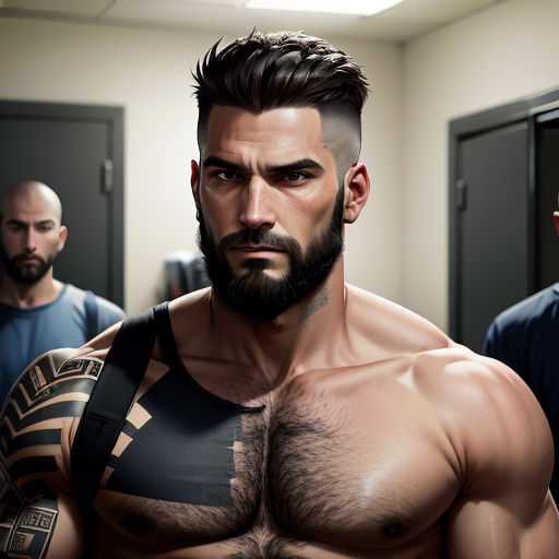 a man with a beard and a tattoo on his chest standing in a bathroom with other men in the background