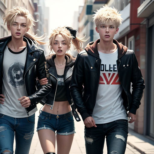 three young people walking down a city street together, one of them is wearing a black jacket and the other is wearing a white shirt