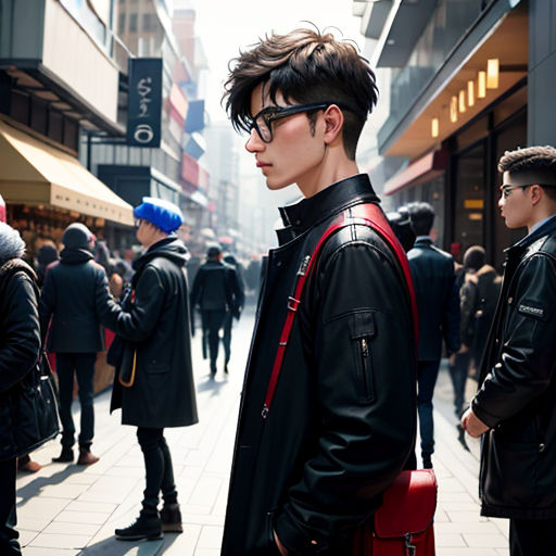 a man with a red suitcase standing in a crowded street with people walking around him and a man in a black jacket