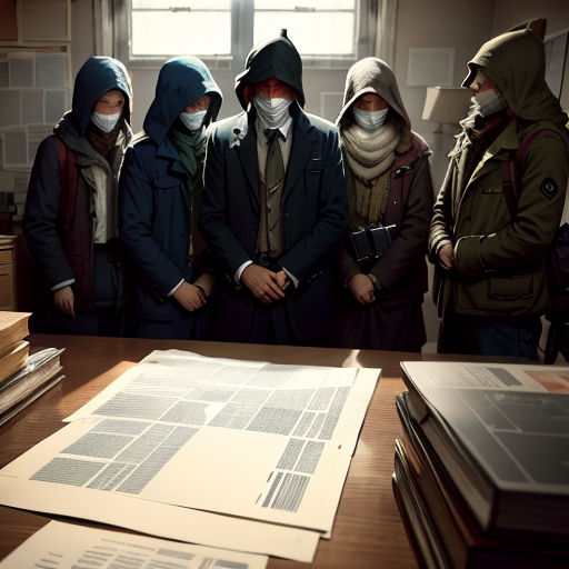 a group of people standing around a table with books on it and a book on the table with a mask on
