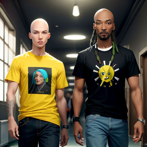 two men in t - shirts walking down a hallway together with a yellow shirt on and a green headband