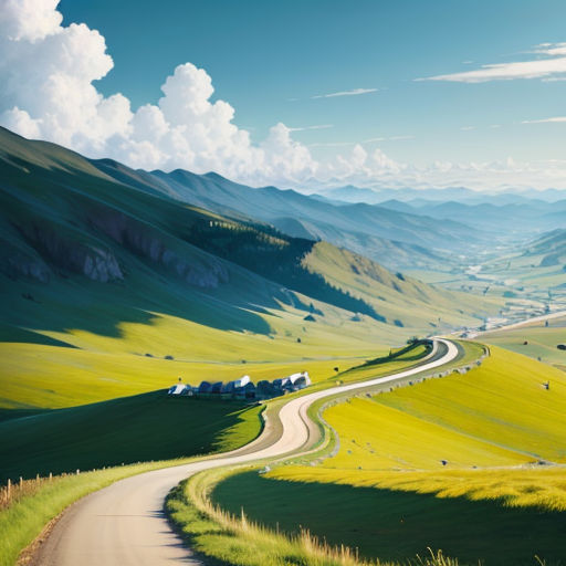 a winding road in the mountains with a view of a valley and a valley below it, with a few houses on the side of the road