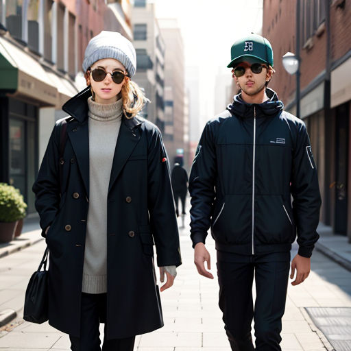 a man and a woman walking down a street together wearing winter clothes and hats and sunglasses, both wearing jackets and hats