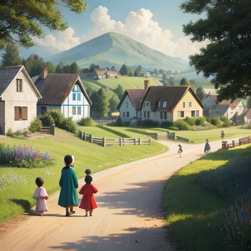 a painting of two children walking down a road with a mountain in the background and a house on the other side