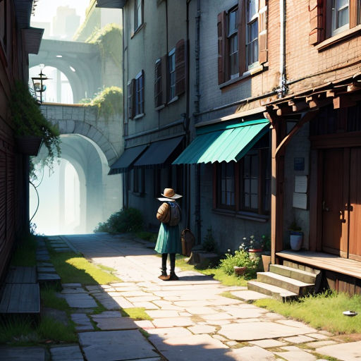 a person with a hat and a backpack walking down a street in a small town with a bridge in the background
