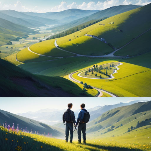 two pictures of two people standing on a hill with a road going through them and a valley in the background