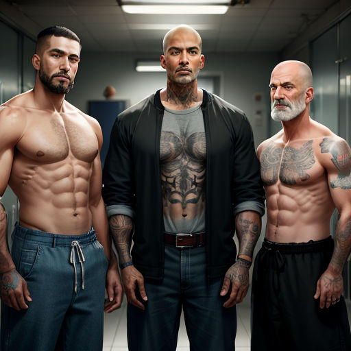 three men with tattoos standing in a hallway with a mirror behind them and a man with a beard and a bald head