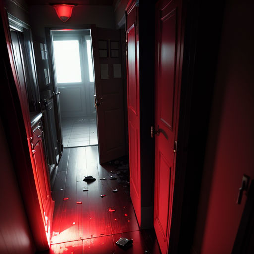 a hallway with a red light coming through the door and a broken door frame on the floor and a broken door