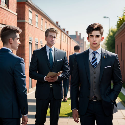 a group of men in suits standing on a sidewalk next to a building and one man in a suit