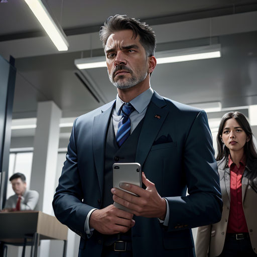 a man in a suit holding a tablet in a room with other people in the background and a woman looking at the screen
