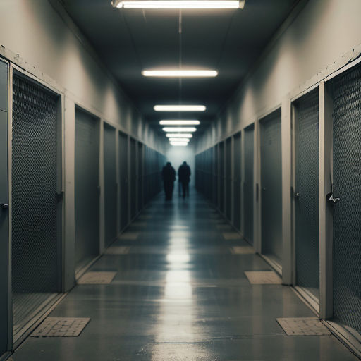 a long hallway with several doors and a person walking down the hallway in the distance with a light on